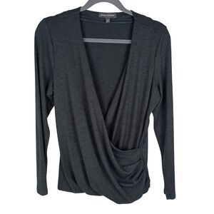Banana Republic Womens Petite M Black Long Sleeve Faux Wrap Surplice Ruching Top